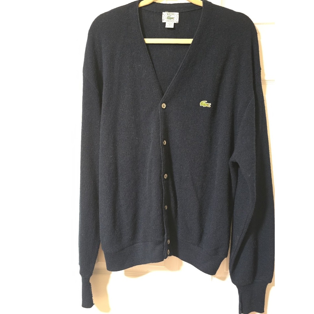 Vintage IZOD Lacoste Men's XL Navy Blue Cardigan Sweater Grandpa Preppy USA Made